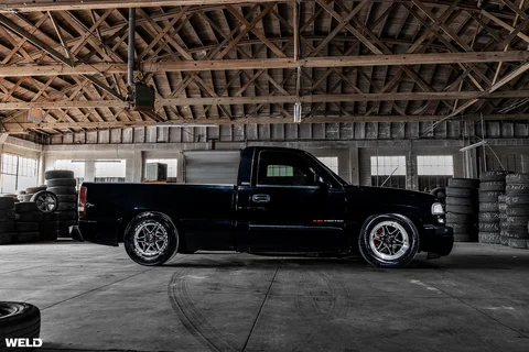 Black gmc sierra lowered drag racing wheels weld beadlock ventura 6 lug truck rims a