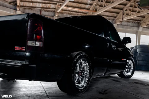 Black gmc sierra lowered drag racing wheels weld beadlock ventura 6 lug truck rims f