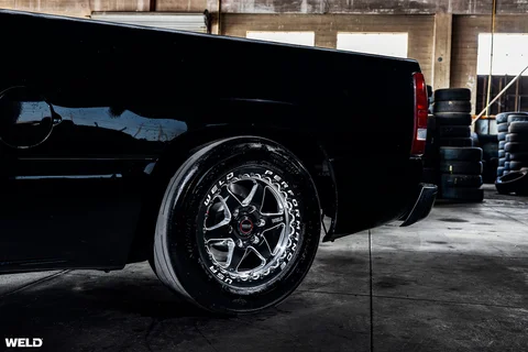Black gmc sierra lowered drag racing wheels weld beadlock ventura 6 lug truck rims j