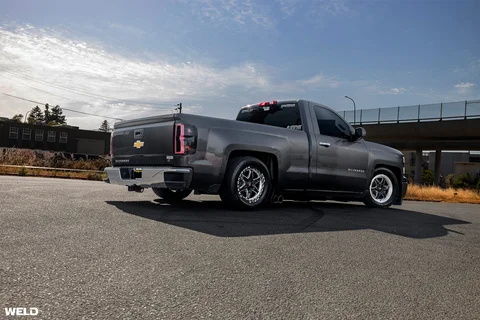 Lowered gray chevy silverado weld performace truck drag racing wheels beadlock ventura 6 a