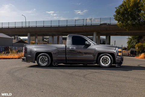 Lowered gray chevy silverado weld performace truck drag racing wheels beadlock ventura 6 e