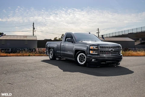 Lowered gray chevy silverado weld performace truck drag racing wheels beadlock ventura 6 g
