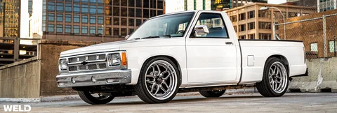White chevy s10 pickup truck v8 engine weld performance rf laguna wheels restomod banner